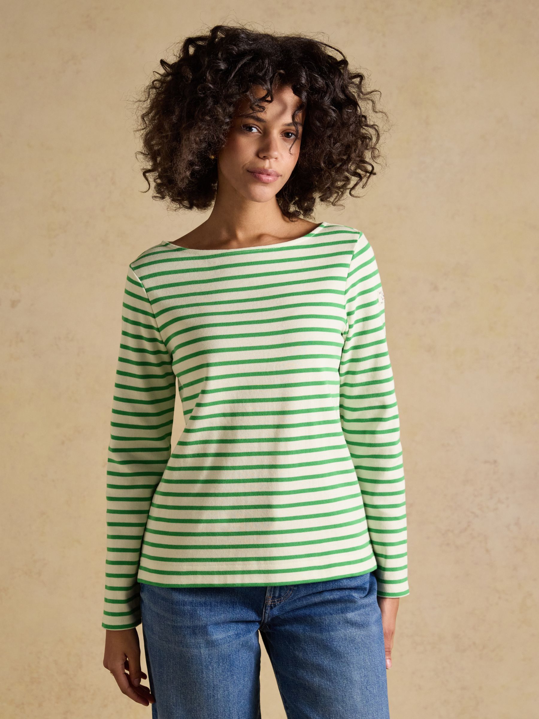 Joules Women's Harbour Long Sleeve Striped Boat Neck Breton Top Cream & Green Size 26