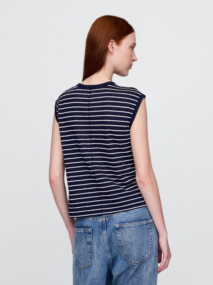 Gap Navy Blue Linen-Blend Crew Neck Shell Vest - Image 2 of 5