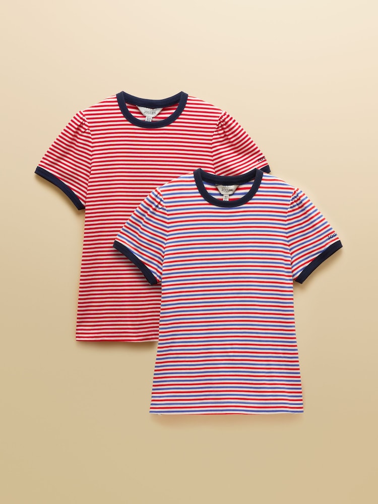 Joules Erin Red & Multi Striped Short Sleeve T-Shirts 2 Pack - Image 1 of 7