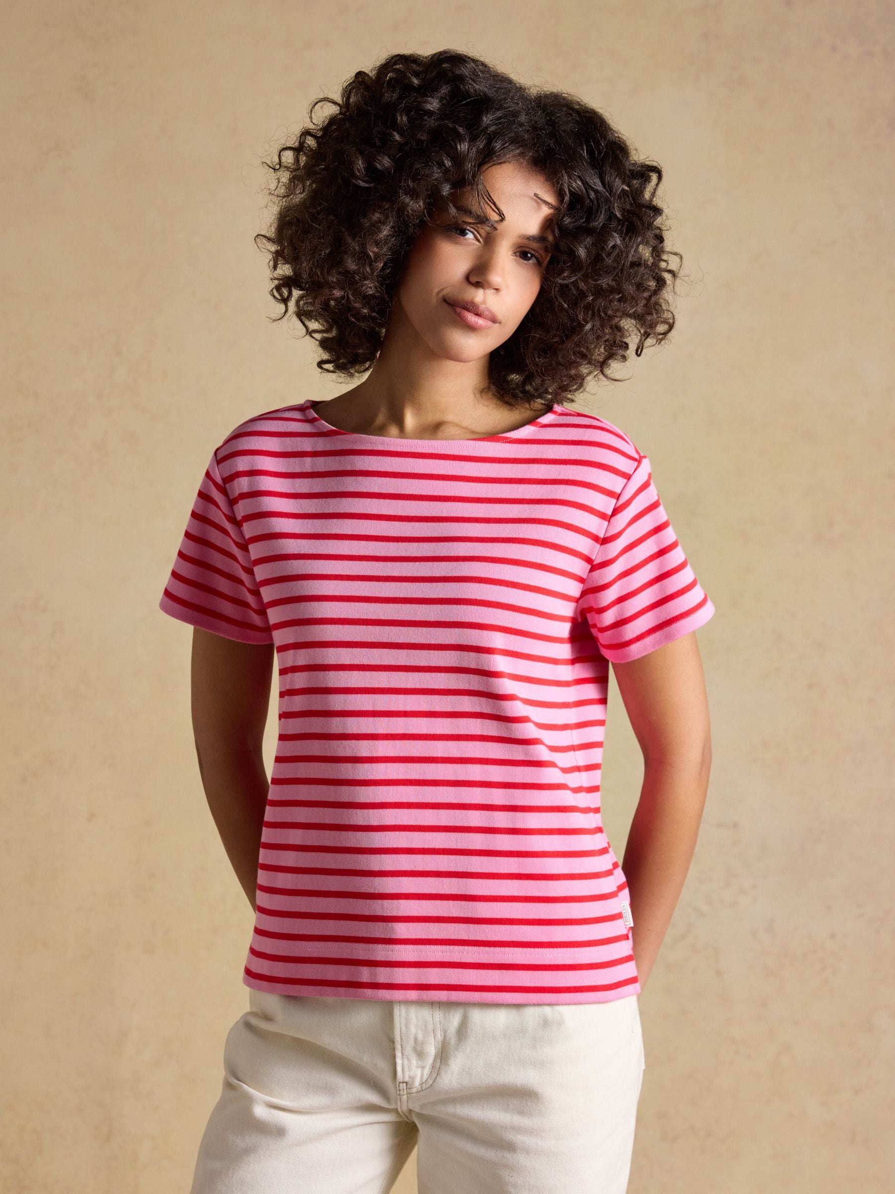 Joules Women's Harbour Short Sleeve Striped Boat Neck Breton Top Pink & Red Size 18