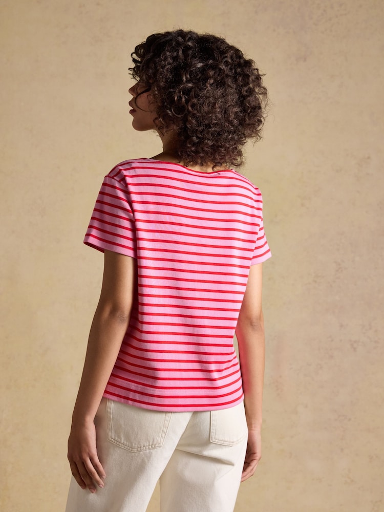 红色 - Joules Harbour 短袖船领 100% 棉质条纹衫 - 6的图像2｝