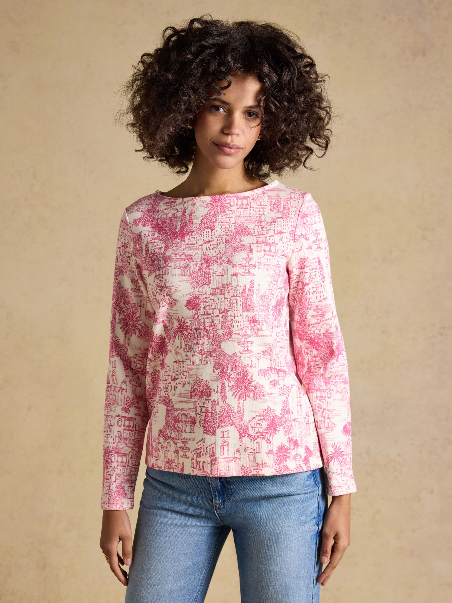 Joules Women's Harbour Printed Boat Neck Breton Top Pink City Toile Size 26