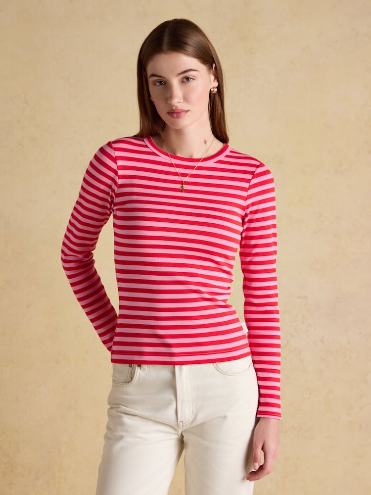 Joules Sophie Red Pink Stripe Long Sleeve Ribbed Fitted Top - Image 1 of 6 Joules Sophie Red Pink Stripe Long Sleeve Ribbed Fitted Top - Image 1 of 6