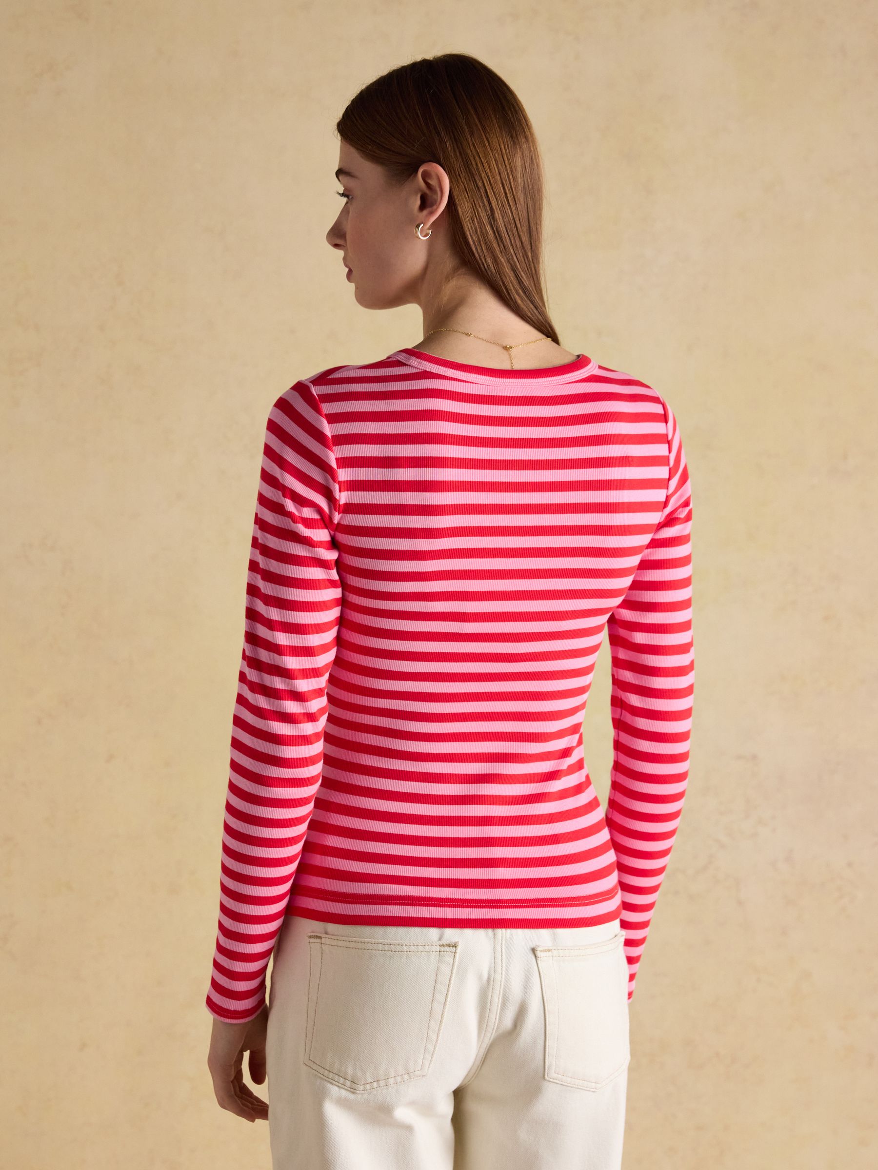 Buy Joules Sophie Red & Pink Striped Long Sleeve Ribbed Fitted T