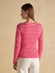 Joules Sophie Red Pink Stripe Long Sleeve Ribbed Fitted Top - Image 2 of 6