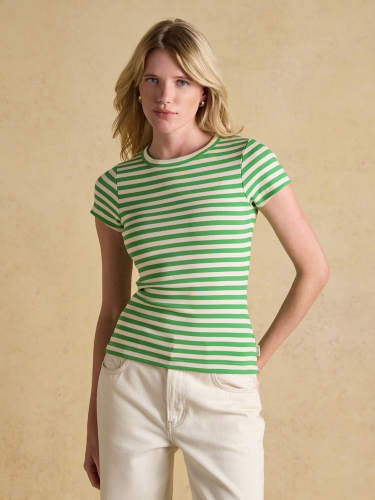 Joules Sophie Green Stripe Short Sleeve Ribbed Fitted T-Shirt - Image 1 of 6