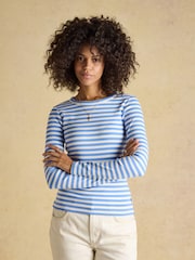 Joules Sophie Blue Stripe Long Sleeve Ribbed Fitted Top - Image 1 of 8