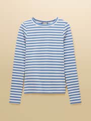 Joules Sophie Blue Stripe Long Sleeve Ribbed Fitted Top - Image 8 of 8