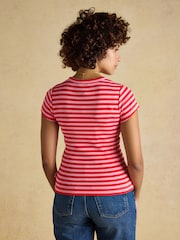 أحمر وردي خطوط - Joules Sophie Short Sleeve Ribbed Fitted T-Shirt - صورة 2 من 8