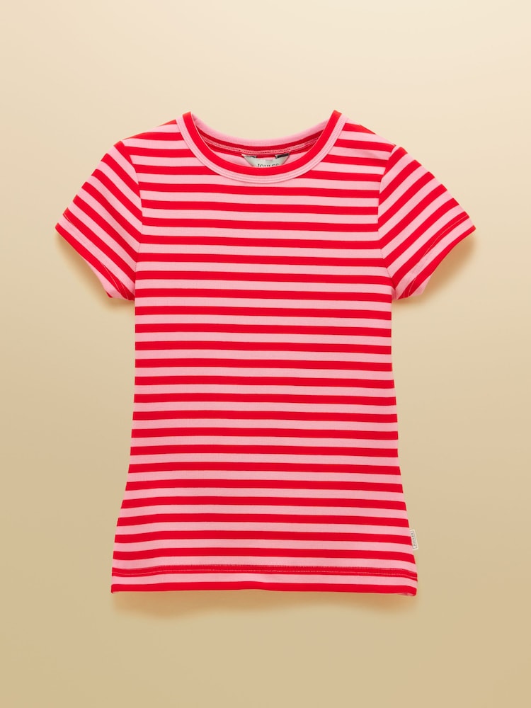 Joules Sophie Red Pink Stripe Short Sleeve Ribbed Fitted T-Shirt - Image 9 of 9