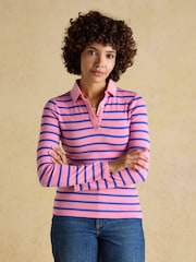Różowe/niebieskie - Joules Fairfield Ribbed Long Sleeve Stripe Polo Top - Obraz 1 z 7