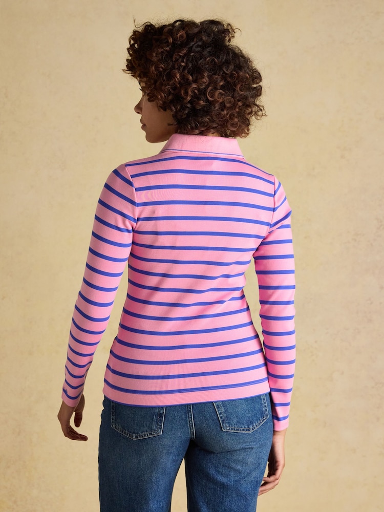 Różowe/niebieskie - Joules Fairfield Ribbed Long Sleeve Stripe Polo Top - Obraz 2 z 7 Różowe/niebieskie - Joules Fairfield Ribbed Long Sleeve Stripe Polo Top - Obraz 2 z 7