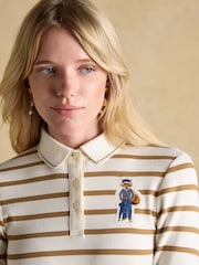 Jonty Fox Tan/Cream - Joules Fairfield Ribbed Long Sleeve Stripe Polo Top - Obraz 8 z 9