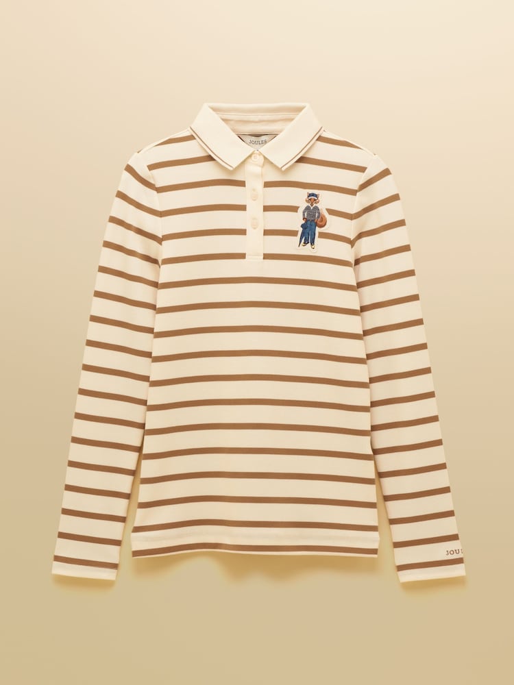 Jonty Fox Tan/Cream - Joules Fairfield Ribbed Long Sleeve Stripe Polo Top - Obraz 9 z 9