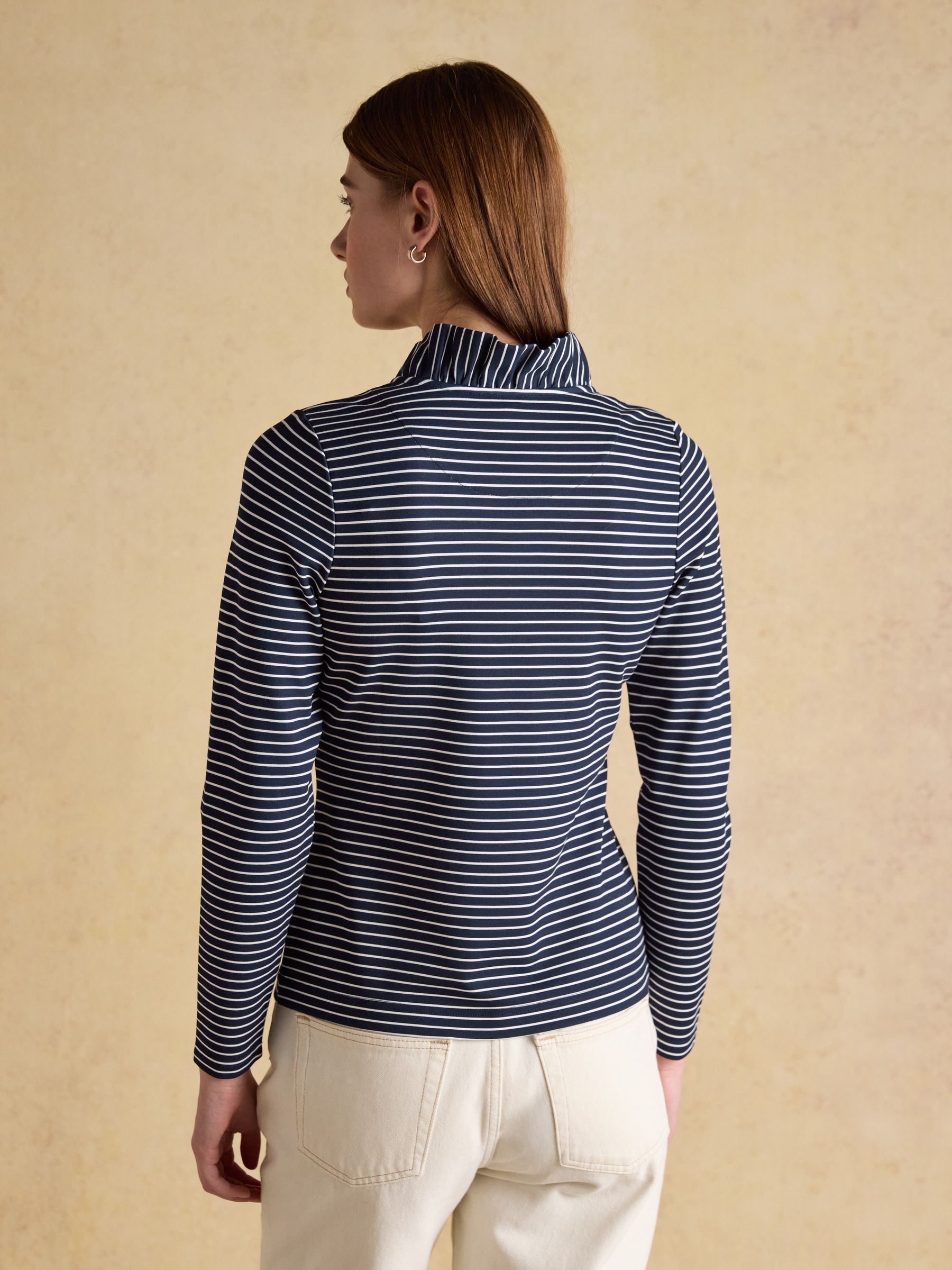 Buy Joules Heidi Printed Navy Striped Frill Neck Jersey Top from