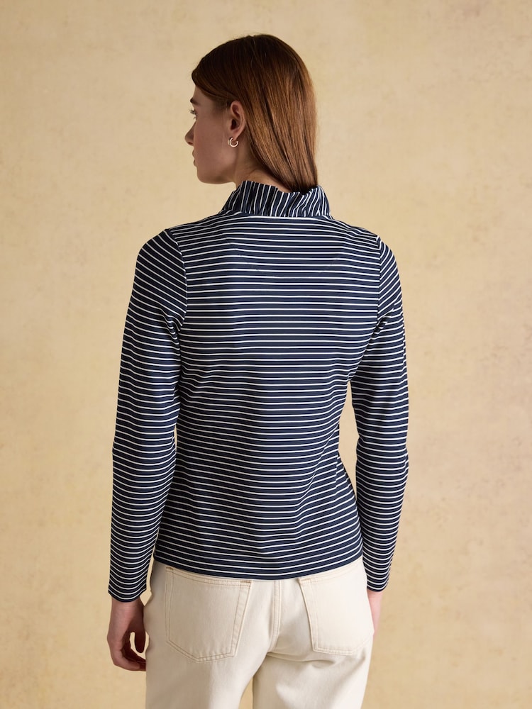 Joules Heidi Printed Navy Stripe Frill Neck Jersey Top - Image 2 of 6 Joules Heidi Printed Navy Stripe Frill Neck Jersey Top - Image 2 of 6