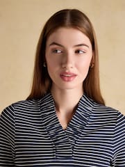 Joules Heidi Printed Navy Stripe Frill Neck Jersey Top - Image 4 of 6