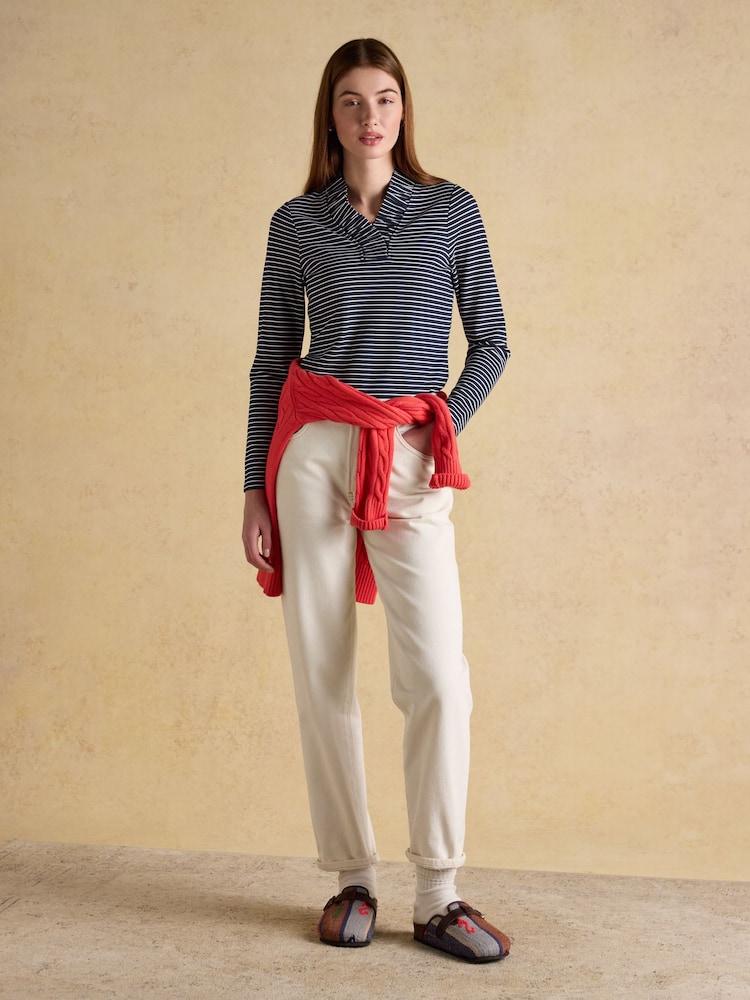 Joules Heidi Printed Navy Stripe Frill Neck Jersey Top - Image 6 of 6 Joules Heidi Printed Navy Stripe Frill Neck Jersey Top - Image 6 of 6