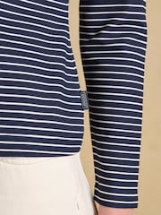 Joules Heidi Printed Navy Stripe Frill Neck Jersey Top - Image 7 of 8