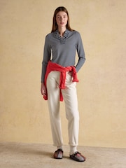 Joules Heidi Printed Navy Stripe Frill Neck Jersey Top - Image 8 of 8