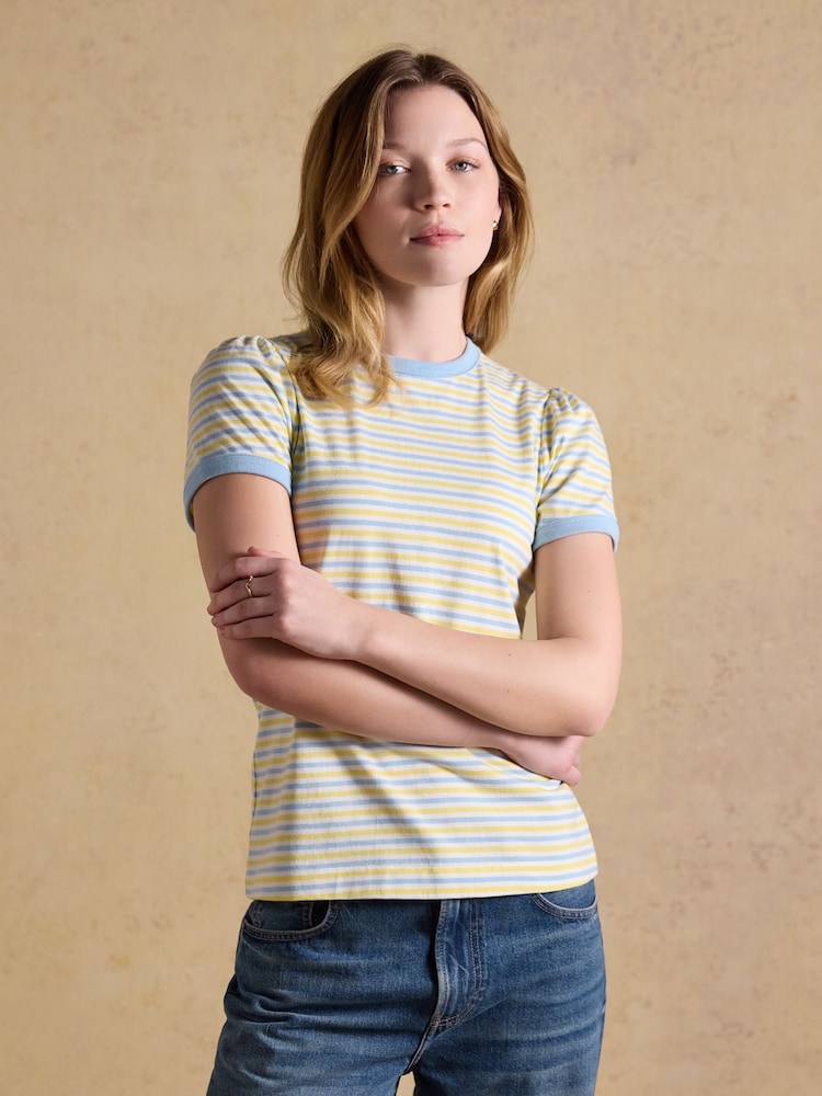 Joules Erin Blue/Yellow Stripe Short Sleeve Jersey T Shirt - Image 1 of 7