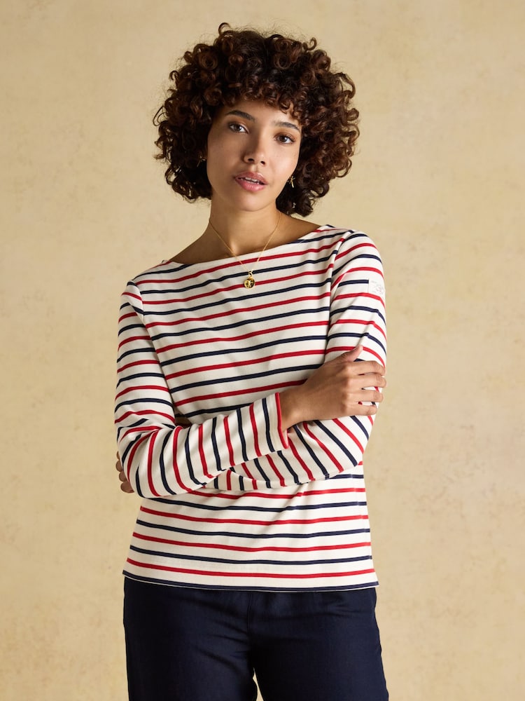 Joules Harbour Navy/Red Boat Neck 100% Cotton Long Sleeve Breton Top - Image 1 of 7 Joules Harbour Navy/Red Boat Neck 100% Cotton Long Sleeve Breton Top - Image 1 of 7