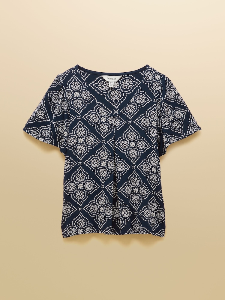 أزرق داكن شكل هندسي - Joules Nia Pleat Front Short Sleeve Jersey Top - صورة 8 من 8