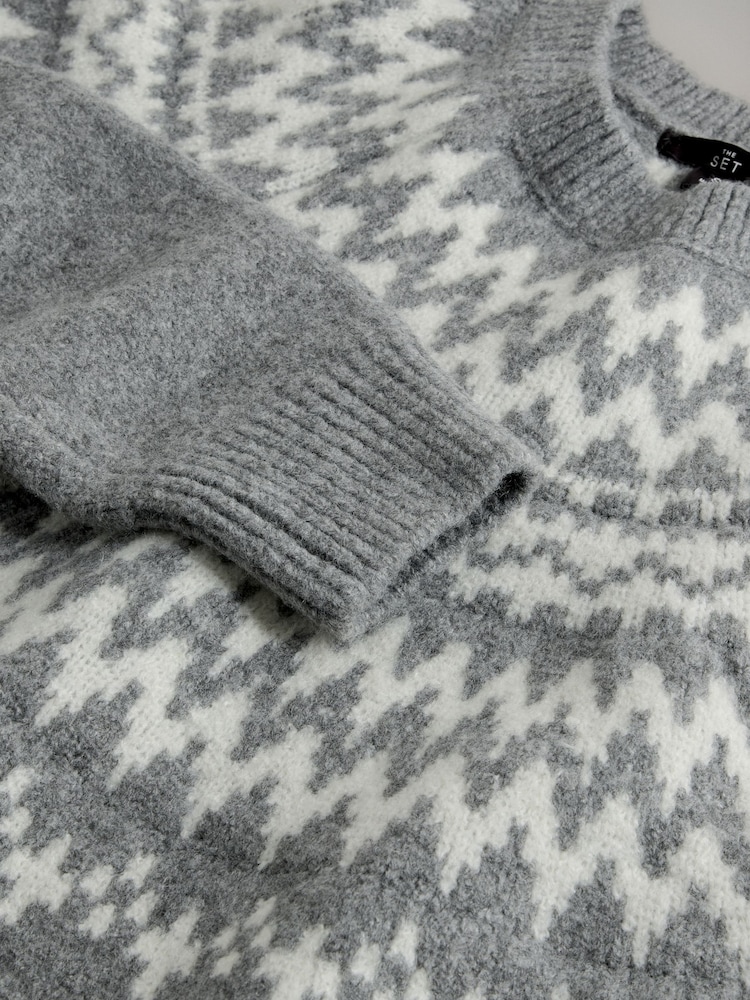 The Set Grey /Ecru 2 Pack Fairisle and Plain Crew Neck Jumper - Image 5 of 5