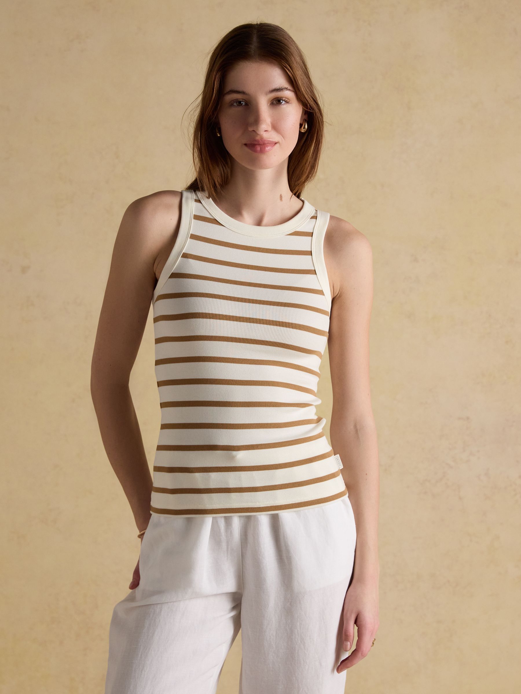 Joules Women's Tan & Cream Striped Sofia Ribbed Cotton Rich Jersey Vest Size 22