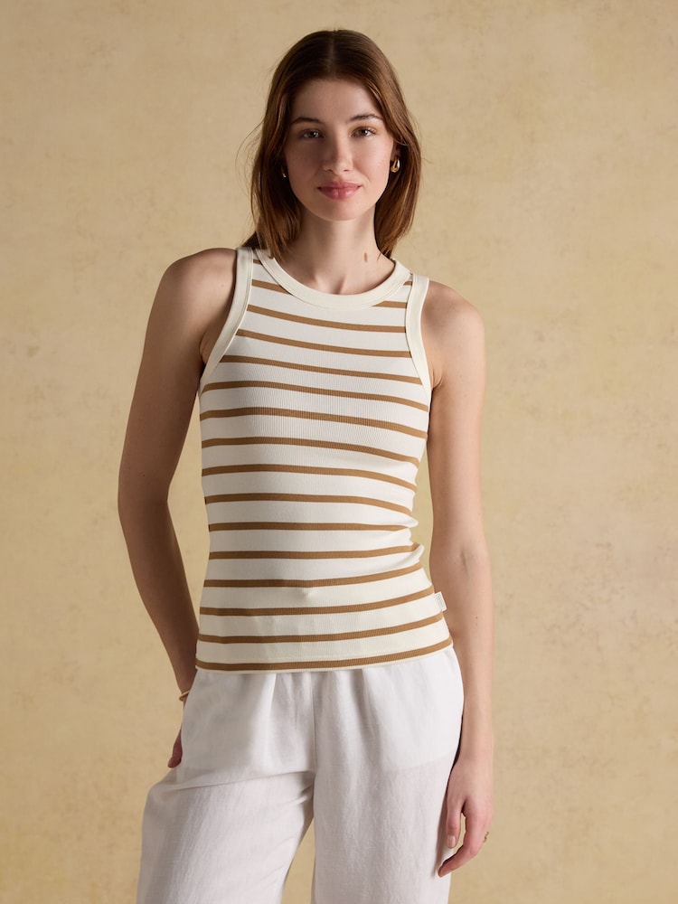 Joules Sofia Tan Stripe Ribbed Cotton Rich Jersey Vest - Image 1 of 6