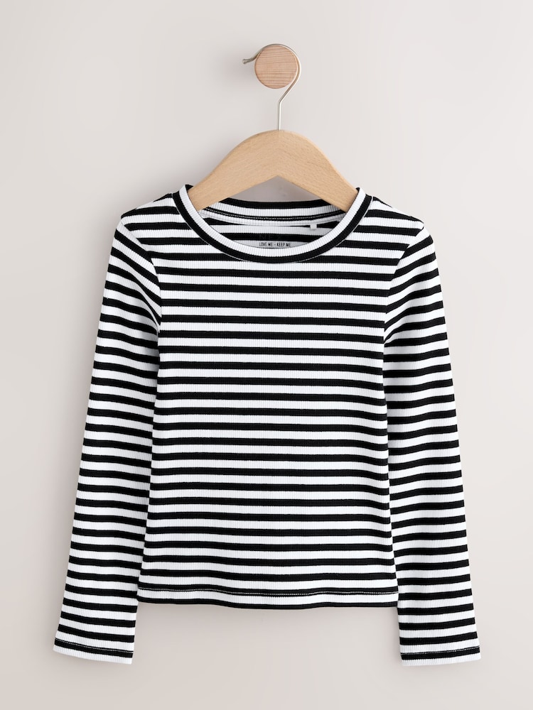 Black/White Long Sleeve Ribbed Top (3-16yrs) - Image 1 of 4