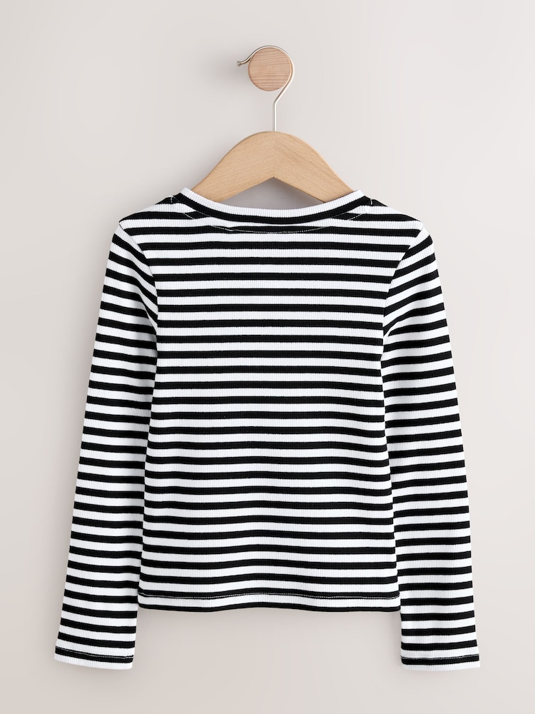 Black/White Long Sleeve Ribbed Top (3-16yrs) - Image 2 of 4
