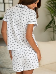 Pour Moi White Cotton Jersey Bow Print Revere Collar Short Pyjamas Set - Image 3 of 4