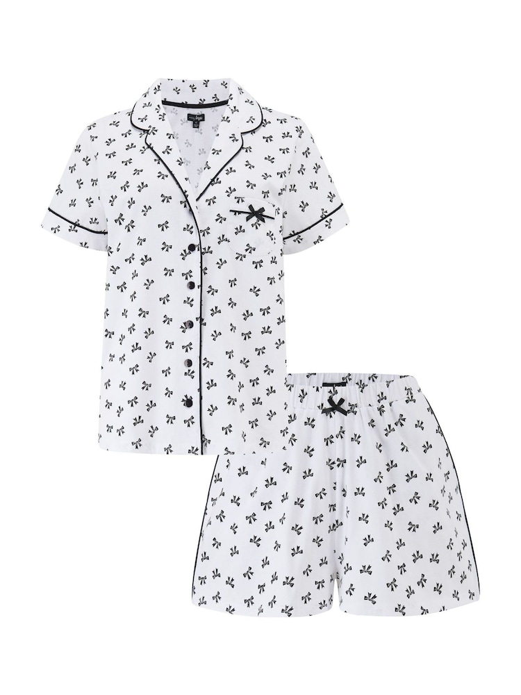 Pour Moi White Cotton Jersey Bow Print Revere Collar Short Pyjamas Set - Image 4 of 4
