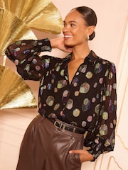 Love & Roses Black Metallic Spot Printed Long Sleeve Shirt - Image 1 of 4