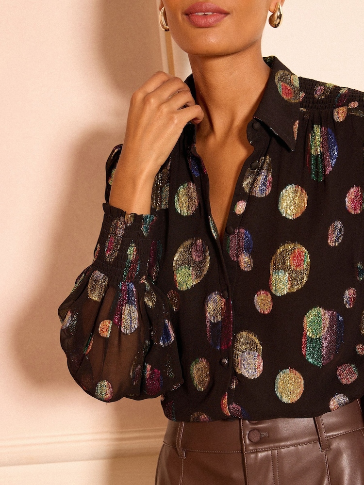 Love & Roses Black Metallic Spot Printed Long Sleeve Shirt - Image 2 of 4