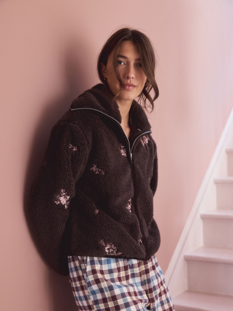 Chocolate Brown Floral Full Zip Borg Fleece Jacket - Image 1 of 9 Chocolate Brown Floral Full Zip Borg Fleece Jacket - Image 1 of 9