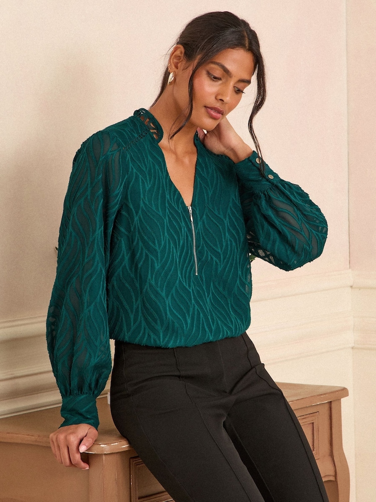 Love & Roses Teal Blue Burnout Long Sleeve Zip Front Blouse - Image 1 of 4