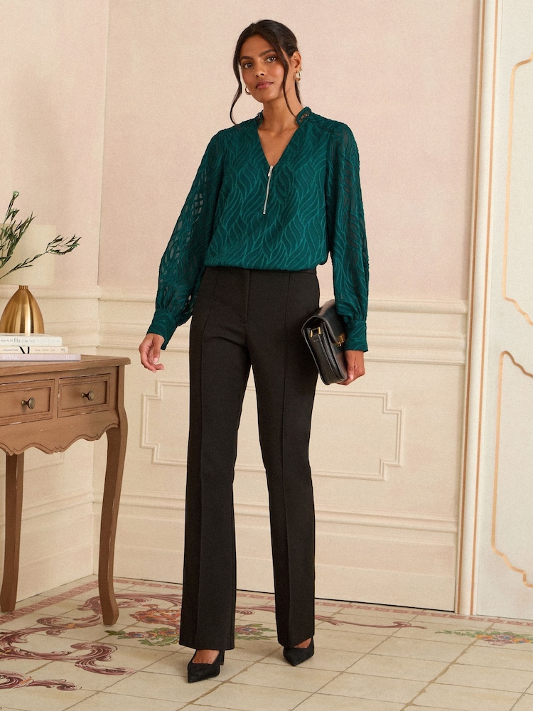 Love & Roses Teal Blue Burnout Long Sleeve Zip Front Blouse - Image 2 of 4