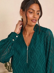 Love & Roses Teal Blue Burnout Long Sleeve Zip Front Blouse - Image 4 of 4