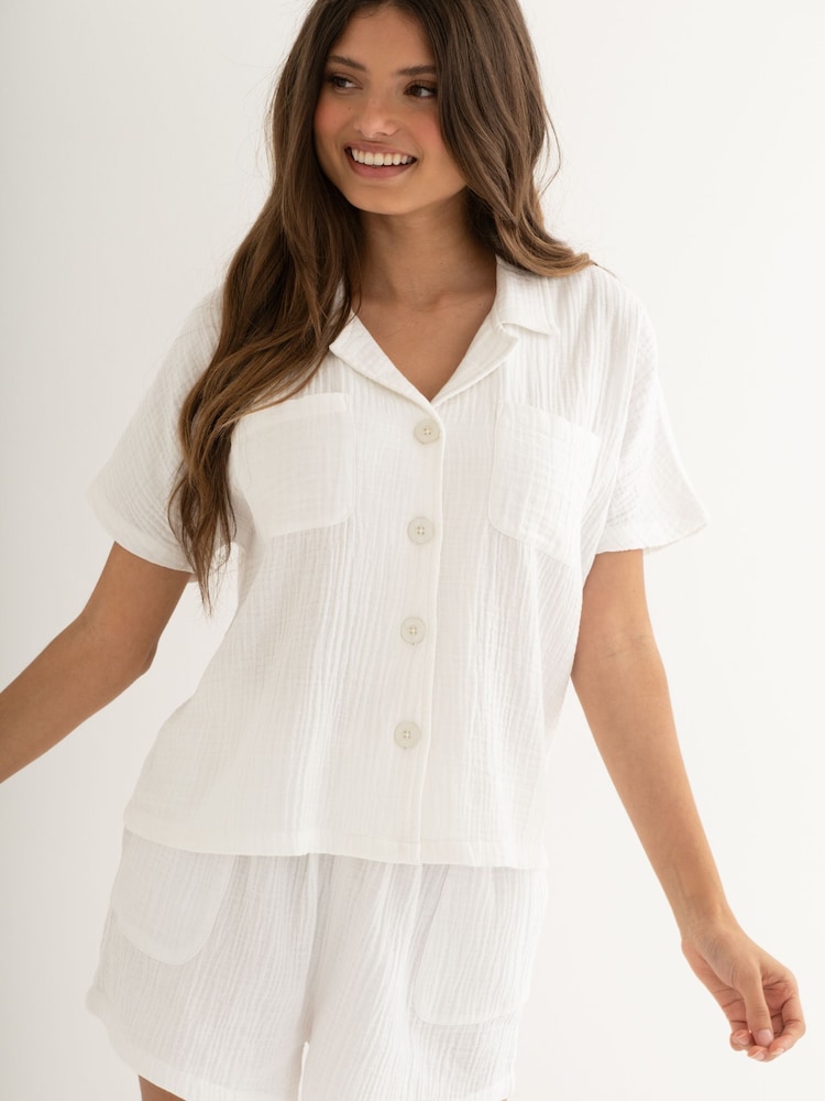 Pour Moi Double Woven Cloth Revere 100% Cotton Collar Shirt and Short Pyjamas Set - صورة 2 من 4