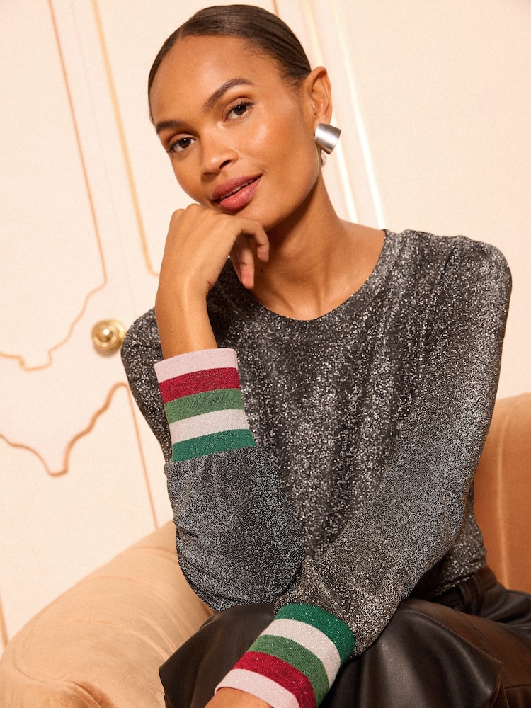 Love & Roses Black Sparkly Rainbow Cuff Jersey Top - Image 1 of 4