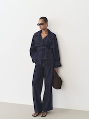 Mango Blue 100% Cotton Belted Denim Jacket - Image 1 of 6