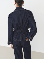 Mango Blue 100% Cotton Belted Denim Jacket - Image 3 of 6
