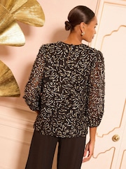 Love & Roses Black Gold Metallic Crew Neck 3/4 Sleeve Blouse - Image 4 of 4