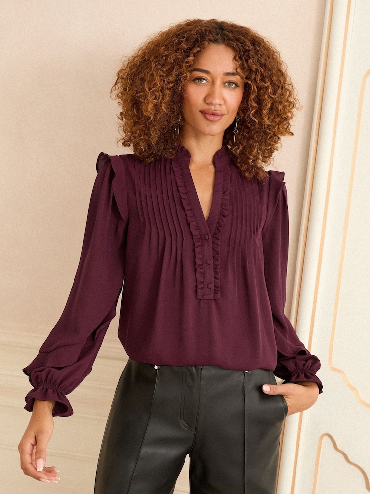 Borgonha - Love & Roses V-Neck Pintuck Detail Long Sleeve Blouse - Imagem 1 de 4
