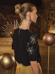 Love & Roses Black Gold RO Embellished Short Sleeve Top - Image 4 of 4