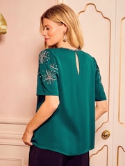 Love & Roses Teal Blue RO Embellished Short Sleeve Top - Image 4 of 4