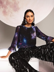 Love & Roses Black Galaxy Print RO Embellished Flute Sleeve Blouse - Image 2 of 4