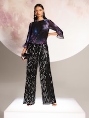 Love & Roses Black Galaxy Print RO Embellished Flute Sleeve Blouse - Image 3 of 4